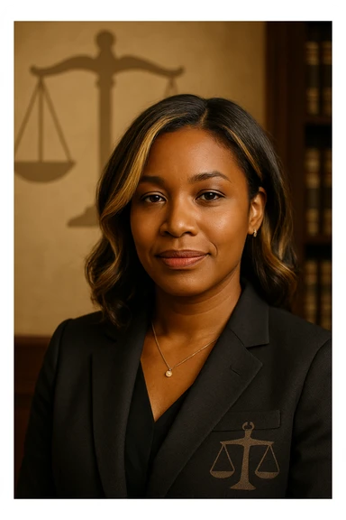 Portrait of a confident and serene Black woman with blended blonde highlights and brunette hair, wearing a dark professional blazer in a legal environment. She has a light smile and direct gaze, conveying empathy, authority, and attentiveness. Subtle stylized justice scale symbol on the background or clothing. Maternal authenticity detail: delicate pendant, subtle earrings, or discreet hair accessory. sticker