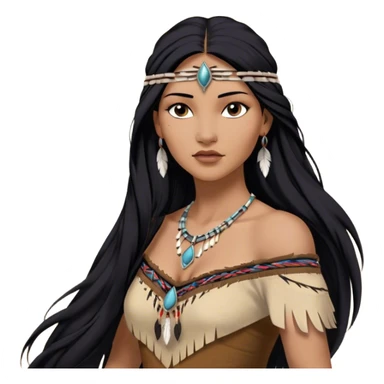 Cinematic Realistic Pocahontas Portrait, depicted with lifelike skin texture, soft natural lighting, and intricately detailed long, flowing raven-black hair that moves gracefully in the wind. Her deep, soulful dark brown eyes exude wisdom and strength, complemented by a serene yet powerful expression. She is dressed in her classic one-shoulder native american dress, with rich fabric textures and delicate beaded details that catch the light beautifully. The portrait features a soft, sun-kissed glow with a natural, radiant finish, capturing the essence of untamed beauty and deep connection to nature in a realistic and painterly style, evoking a sense of depth and authenticity. sticker
