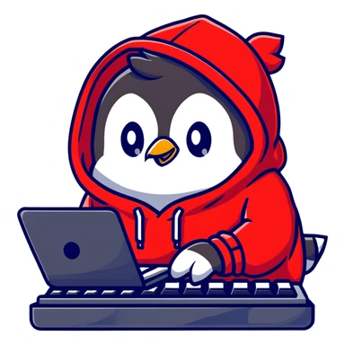 A penguin wearing a red hoodie looking focused while typing on a mechanical keyboard sticker