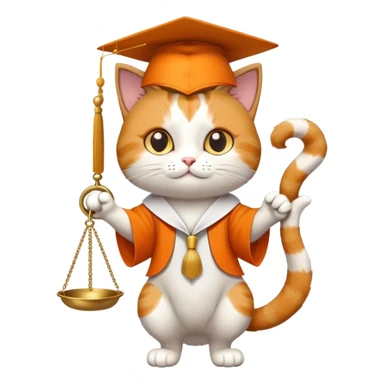 cat wearing a graduation cap, holding the scales of justice up with its tail sticker