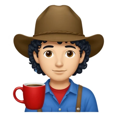 Ranch hand with blue hat and coffee mug, curly black hair, red shirrt sticker