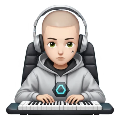 Hair: Faded buzzcut with geometric temple design Face: Puffy eyes, earphone indent on cheek Clothes: Hoodie with "DEV TEAM" logo in cracked print Action: Slumped in chair with glowing keyboard WASD keys sticker