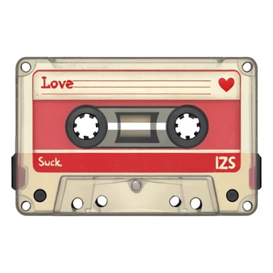 Isolated, rendering, vintage style music cassette tape, vintage appearance white label that reads "love sucks" on front sticker