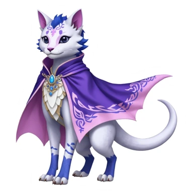Kawaii white, indigo, purple, pink cute beautiful pretty elegant divine edgy feline-vernid-sergal-Haku-dragon-fursona-animal-creature, full body, with intricate detailed markings, Embroidered capelet, silken shawl sticker