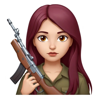 emoji of girl with an ak47 in hand with maroon dark long hair in a middle part with straight nose hazel eyes medium perfect eye brows with  a nose ring silver on the right nostril  sticker