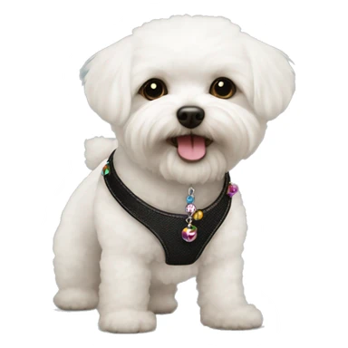 One Small furry Black bichon with one  colorful bead necklaces with brown harness sticker
