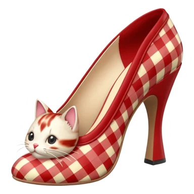 Cottagecore deep red and cream Gingham plaid,  kitten high heel mules, 3D rendering, isolated, side view. Not emoji icons, no emoji faces, no human figures, 300 dpi, professional 4k hd quailty  sticker