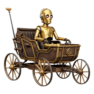 Old American West tarnished C-3PO bounty hunter in 1854 delicately ornate rosegold accents painted buggy buckboard wagon powered by electric motors and batteries with safety features and belts flying rapidly across rough dusty terrain stable on strong agile futuresteampunk suspension and steering  sticker