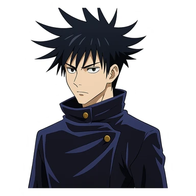 Megumi Fushiguro, spiky black hair, blue uniform, serious look, anime style sticker