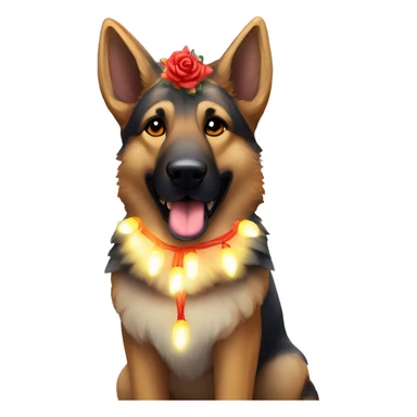 Brindled German shepherd fox carrying glowing red lantern, fairy lights, rose flower crown sticker