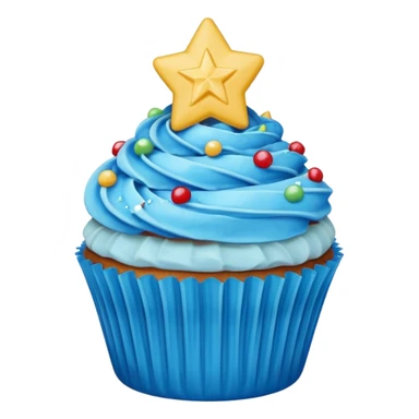 cupcake with blue frosting and a star-shaped candy sticker