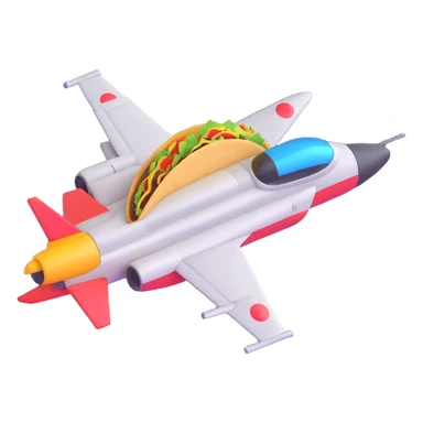 Top Gun-style jet fighter carrying a taco emoji, dynamic angle, playful and bold sticker