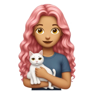 girl with long pink wavy hair holding a cat sticker