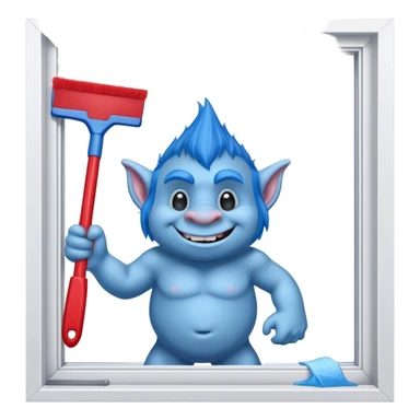 blue Troll cleaning a window using red squeegee sticker
