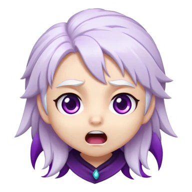 Chibi Sable Ward with shocked expression, wide purple eyes, mouth in an O shape, white hair with purple streaks, surprised look sticker