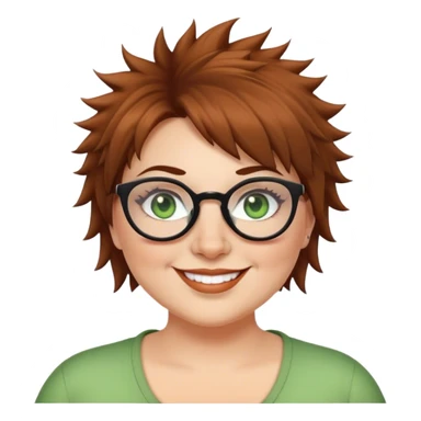  plus size white women round nose with short  brown shaggy spiked hair wearing glasses green eyes smiling sticker