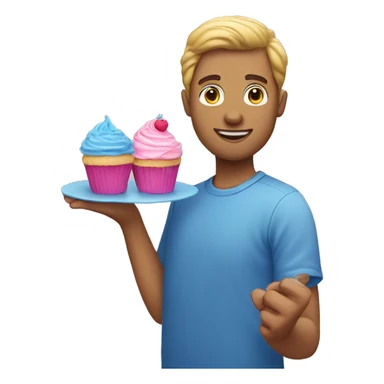 a white man with a pink cupcake and a blue cupcake in his hands sticker