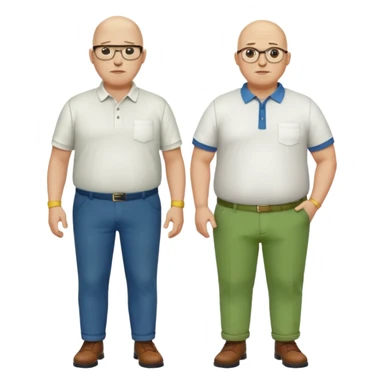 two guys, the first guy is white bald have glases a white dressshirt with rolled up sleeves and green pants he is over weight, The second guy has a yellow skin tone white golf shirt blue jeans and bald they should stand next to eachother sticker