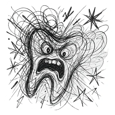 a black and white chaotic doodle of a toothache sticker