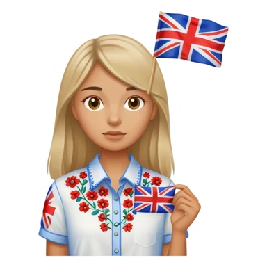 A Ukrainian girl wearing an embroidered shirt and a British flag sticker