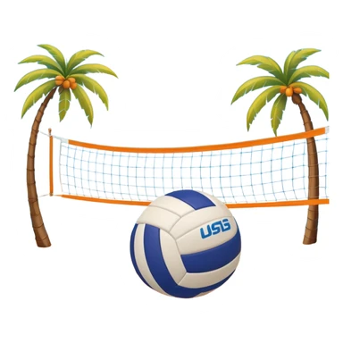 The scene captures an orange sand, sunny sea beach with clear blue sea and sky, palm trees swaying. A volleyball resting on the orange sand ground of a beach, with a volleyball net in the background.  sticker