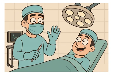 surgery cartoon style, friendly and approachable, doctor and patient, no blood, suitable for educational use sticker