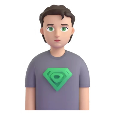 white man with dark messy short hair, dark green eyes, wearing a gray t-shirt sticker