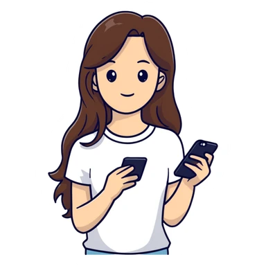 girl with long brown hair wearing a white top holding a smartphone sticker