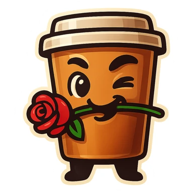 Tall coffee cup, rose in mouth, wiggle eyebrow, smirk sticker