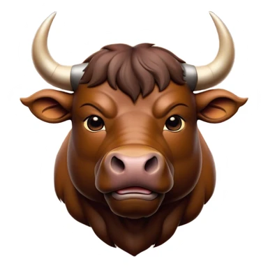 Cinematic Noble Brown Bull Portrait Emoji, Poised and regal, with a massive, muscular build and a sleek, well-groomed rich brown hide, deep-set soulful dark eyes, Simplified yet sharp and sophisticated features, highly detailed, glowing with a soft, dignified glow, high shine, intelligent and formidable, stylized with an air of strength, focused and attentive, soft glowing outline, capturing the essence of a watchful and confident guardian, so majestic it feels as though it could charge out of the screen with effortless authority! sticker