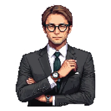 pixel art image of a businessman in a suit, waist up, hand under chin, looking to the side thoughtfully, wearing stylish glasses, luxury watch visible on wrist, contemplative and curious mood, clean background sticker