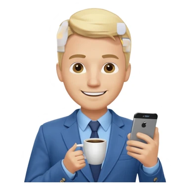 Confident and outgoing male entrepreneur, Caucasian features, blonde hair, big friendly smile, expressive eyes, defined eyebrows, wearing a blue blazer over a light blue shirt, holding a smartphone in one hand and a coffee cup in the other, waist-up, front-facing sticker