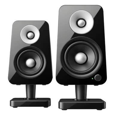 Single black desktop speaker with glossy front, one large white cone with black center, small volume knob, clean white background, studio product photo. sticker