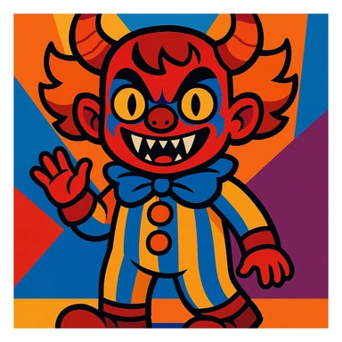 child demonic clown with horns and fangs, vibrant cartoonish style sticker
