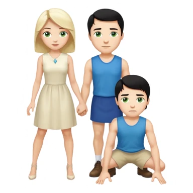 King, man, upright, black Hair, blue eyes, whole body, Woman, bending knees, blonde, green eyes, sleveless White Dress, sticker