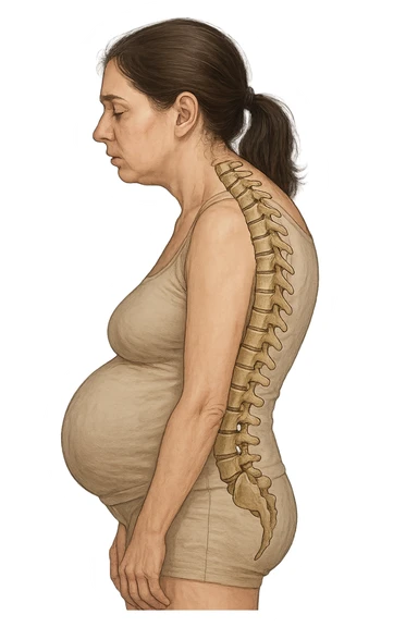 DONNA DI PROFILO CON LA POSTURA SBAGLIATA, SPINA DORSALE UMANA ANATOMICA REALISTICA IN EVIDENZA, LA PANCIA IN FUORI E LE SPALLE CHIUSE sticker