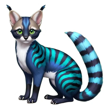 Colorful dark tropical cobalt-blue, black, white fur, with green eyes, iridescent glorious divine exotic cute cool beautiful shiny beautiful fantasy-caracal-civet-genet-sergal-vernid-Cacomistle-Furret-civet-oncilla-animal-Fakémon-hybrid-fursona with pattern markings (full body) sticker