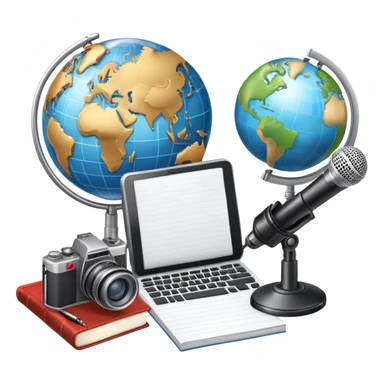 An icon showing a microphone, a notepad, and a camera, symbolizing journalism. The design includes a globe in the background, representing global news, and a breaking news banner for emphasis. Transparent background highlights the dynamic world of media and reporting. sticker