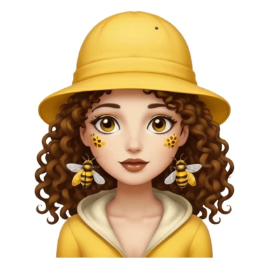 full body woman long curly brown hair brown eyes white skin tattoos wearing bee hat and pollen glow makeup sticker