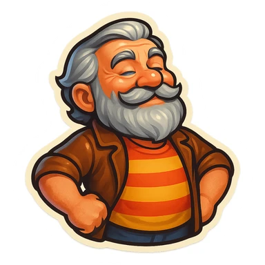 A dwarf with gray hair, a gray mustache, a gray beard, and gray eyebrows. He has blue eyes and wrinkles on his forehead. He is wearing a striped t-shirt and a brown jacket. The dwarf is displaying a pride emotion. sticker