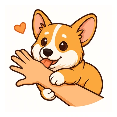 изобразить моего корги, сохранив внешность и телосложение в позе и эмоции как на первом референсе
обхватывает передними лапками человеческую руку и мило прикусывает sticker