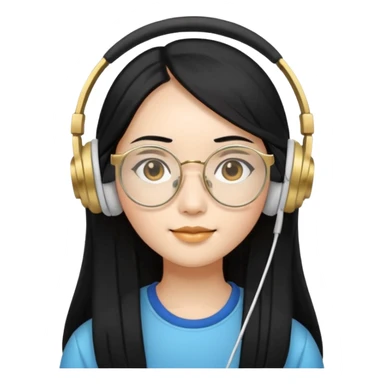 generate an asian female with long black hair, golden rim glasses, and a white headphones sticker