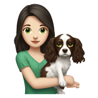 pale skin girl with green eyes with long dark brown hair that has a flower in her hair  holding a black and brown cavalier dog the dog also has a flower in its hair sticker