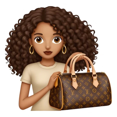 Brown girl with long dark brown long curly hair carrying a Louis Vuitton bag sticker
