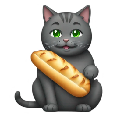 happy dark grey fat cat with green eyes eating a baguette sticker