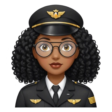 femme pilote d'avion en uniforme noir aux cheveux bouclés noir long sans chapeau et petites lunettes arrondis naturelle yeux en amande sticker