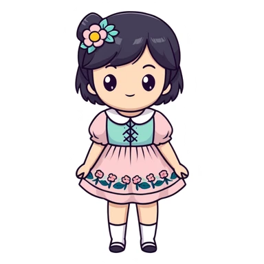Adorable anime girl with black hair in a beautiful cottagecore dress with pastel colors and floral elements sticker