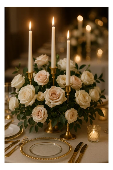 table centerpiece with candles and roses, gold accents, wedding decor sticker