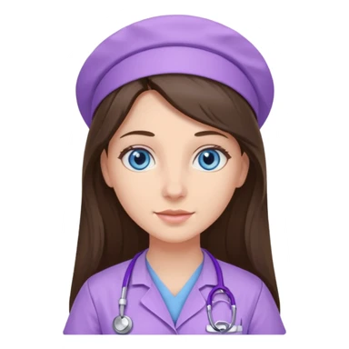 pretty brunette nurse with long hair and blue eyes in lilac scrubs sticker