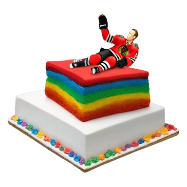 Jonathan Toews laying on a rainbow cake sticker